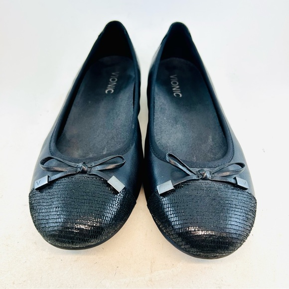 Vionic Black Leather Minna Bow Cap Toe Ballet Flats, size 9 EU 41 - Picture 2 of 11